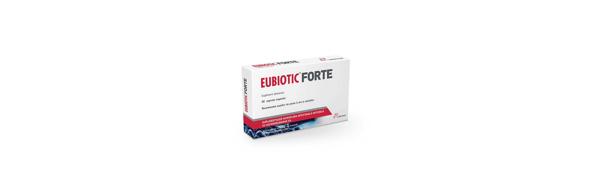 Imaginea arată o cutie a produsului "Eubiotic Forte", un supliment alimentar care conține 10 capsule vegetale.